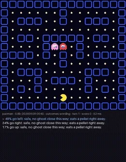 Animated clip of Jeff-Qwen3.5-0.8B playing Pac-Man zero-shot, choosing each move from options described in words.