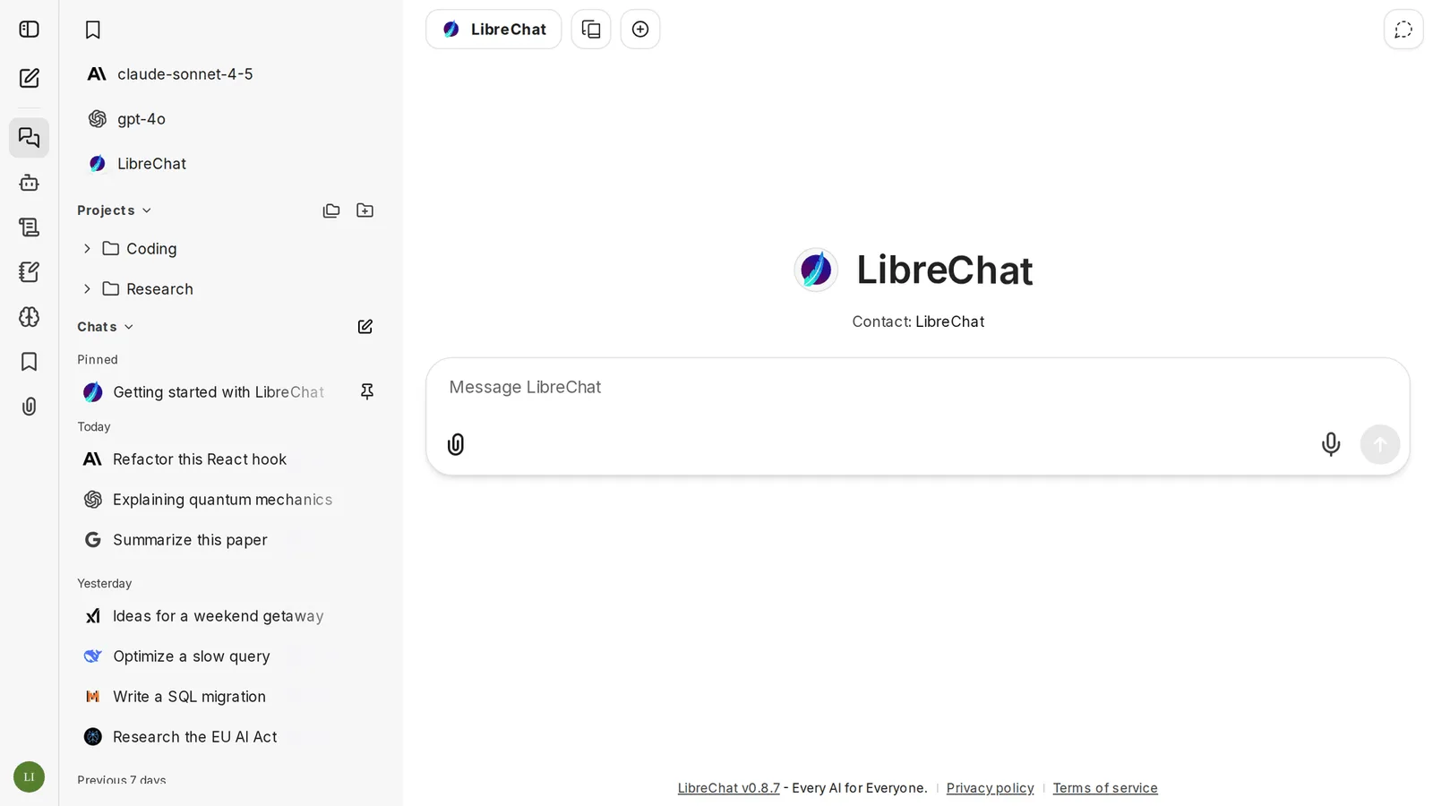 LibreChat's chat screen with a sidebar of projects and past chats run on Claude, GPT-4o, Gemini and other models