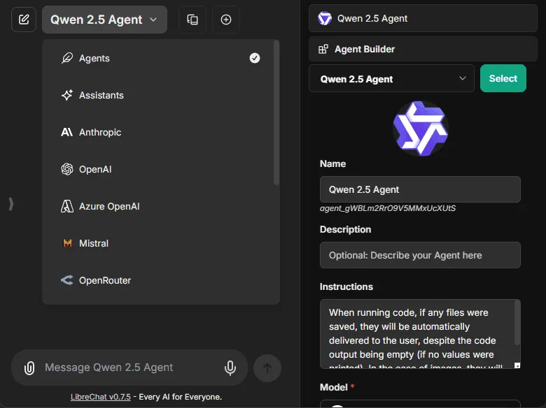 LibreChat's endpoint menu listing Agents, Anthropic, OpenAI, Azure OpenAI, Mistral and OpenRouter next to the Agent Builder panel