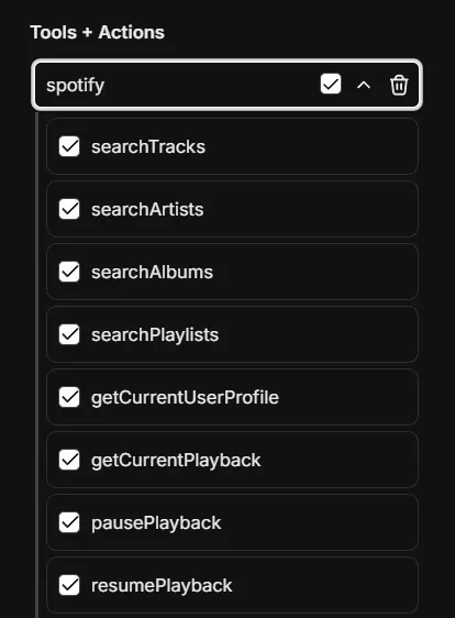 An agent's Tools + Actions list with the tools of a Spotify MCP server ticked