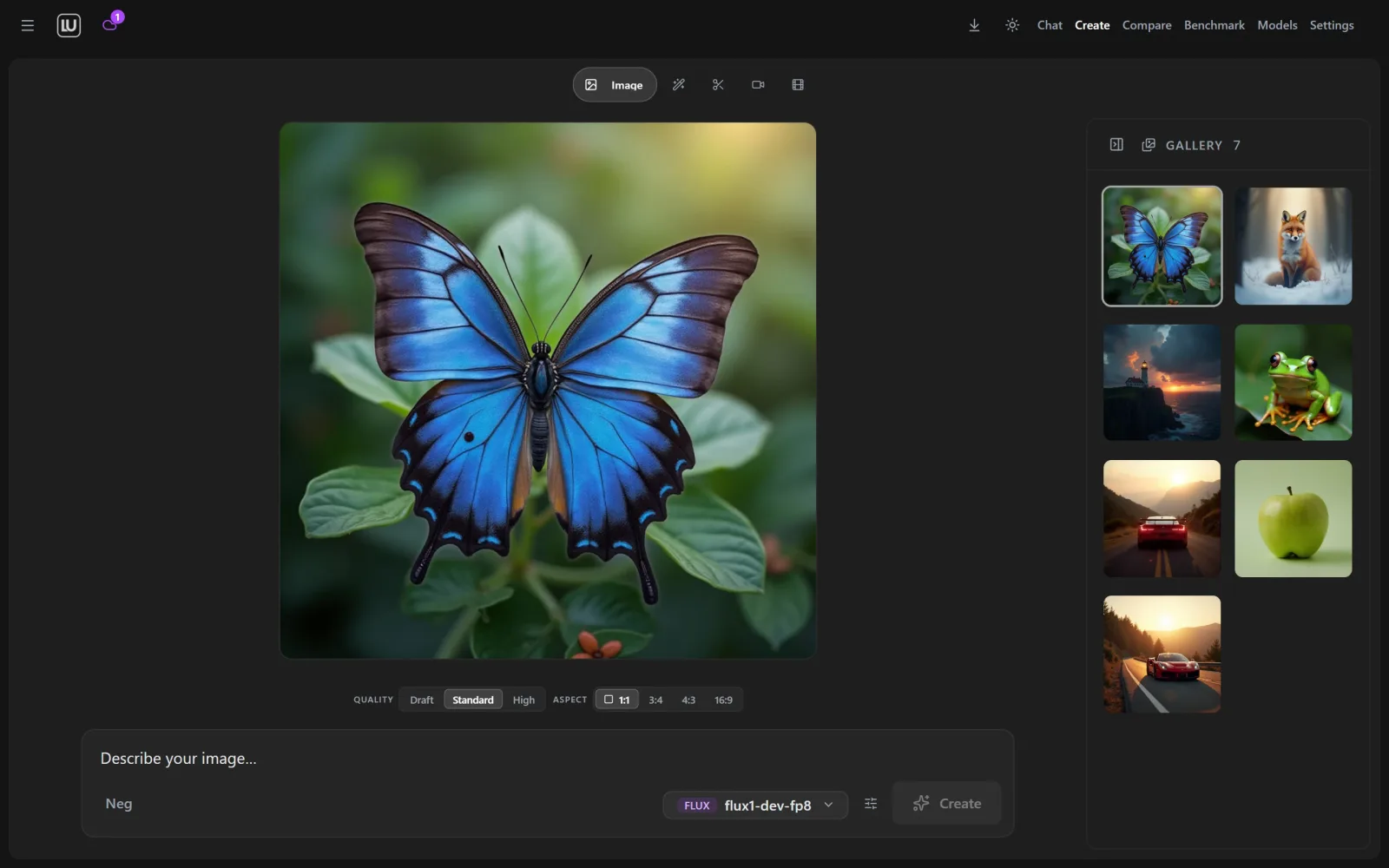 The Create tab showing a generated butterfly image with quality and aspect-ratio controls, a FLUX model picker and a gallery of earlier images.
