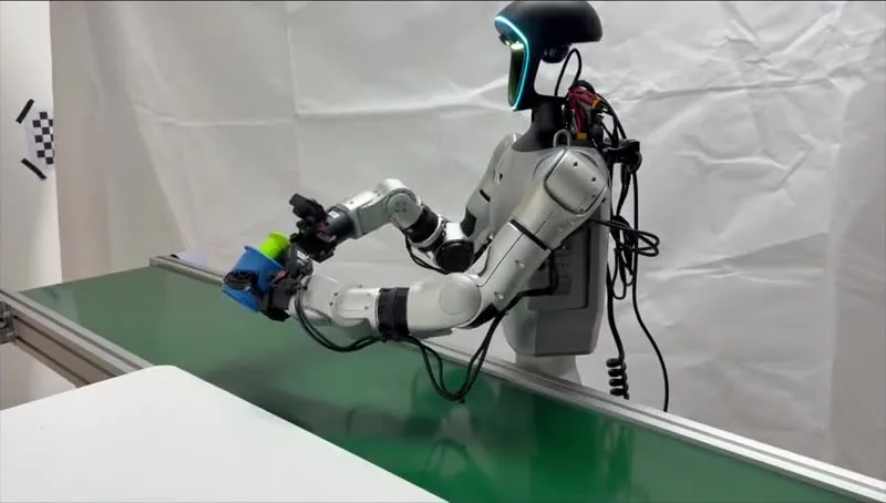 Unitree G1 humanoid running a Long-WAM policy stacks a cup on a moving conveyor belt