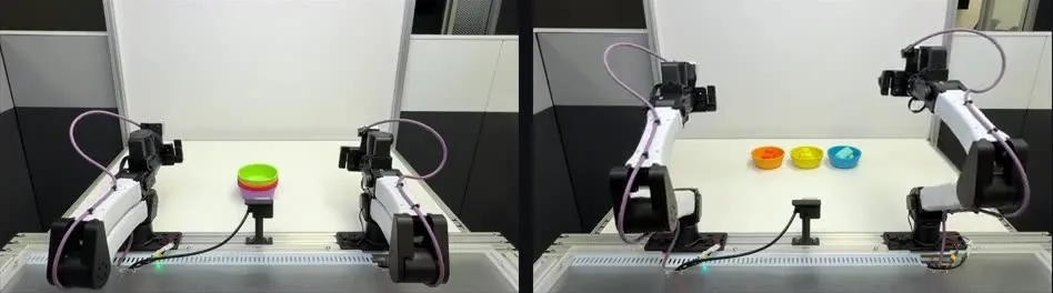 YAM arm running Long-WAM on long-horizon tasks: stacking bowls and sorting bricks by color