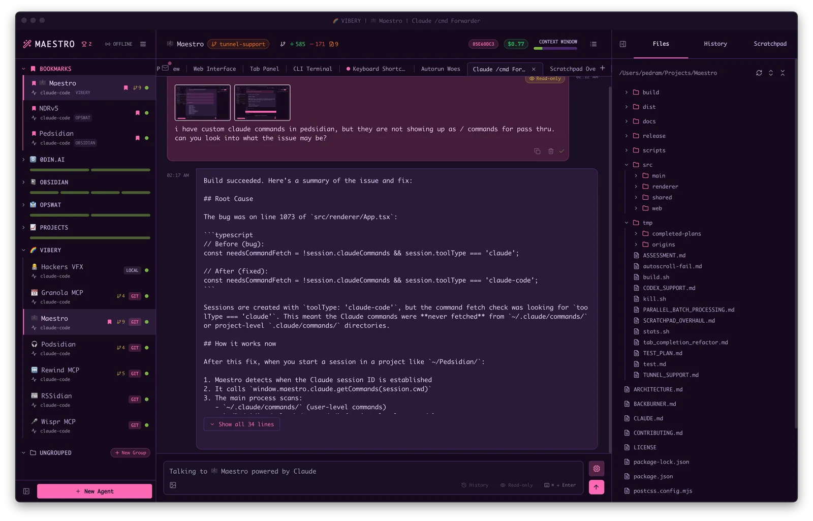 Maestro main screen with several coding agents running side by side and one conversation open