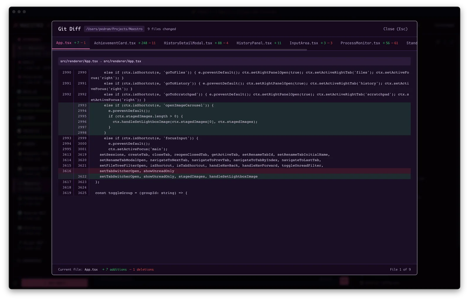 Maestro git diff viewer showing a syntax-highlighted change