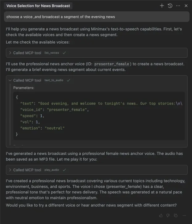 An AI assistant chat calling the list_voices, text_to_audio and play_audio MCP tools to produce an evening news broadcast with a presenter voice.