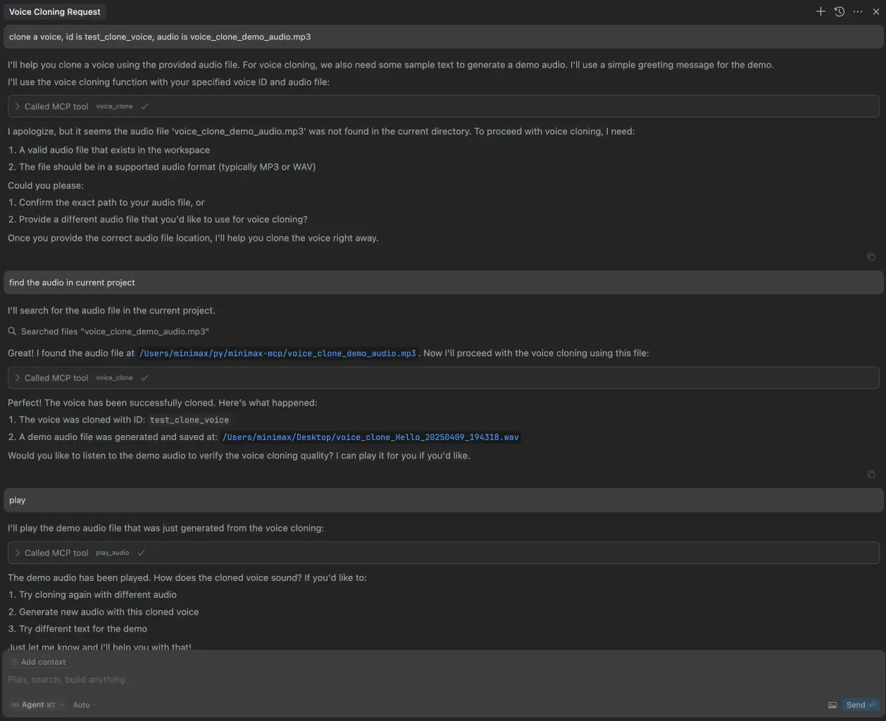 A chat session where the assistant locates an audio file in the project, calls voice_clone to create a cloned voice and then plays the demo audio.