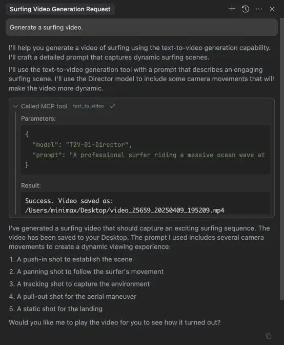 The assistant calling the video tool with the T2V-01-Director model and a surfing prompt, then reporting the saved MP4 path and planned camera moves.