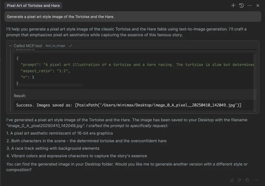 The assistant calling text_to_image with a pixel-art Tortoise and Hare prompt, a 1:1 aspect ratio and one image, and returning the saved file path.