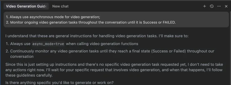 A chat where the user sets rules to always use asynchronous video generation and monitor tasks until they succeed or fail, and the assistant confirms async_mode=true.
