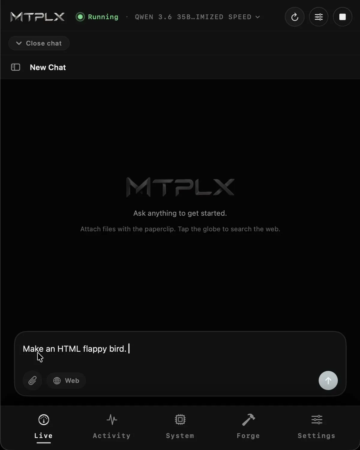 The MTPLX native chat window with a prompt typed in the input box and buttons for file attachments and web search