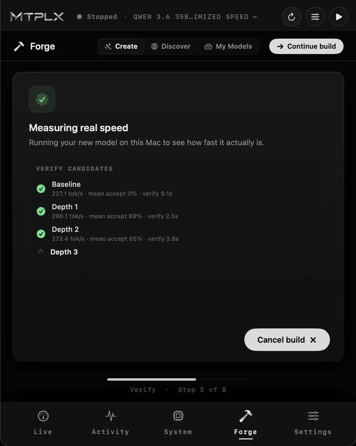 The Forge screen in the MTPLX app measuring a newly built MTP model, listing baseline, depth 1 and depth 2 speeds and acceptance rates