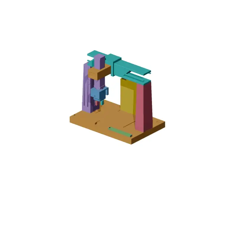 Animated render of a generated three-axis gantry metrology cell assembly with colour-coded components