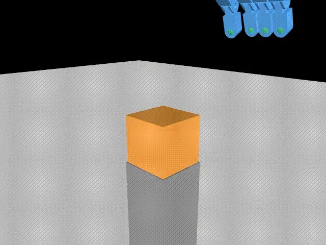 Simulation of an AI-generated robotic hand, exported as URDF, rotating an orange cube