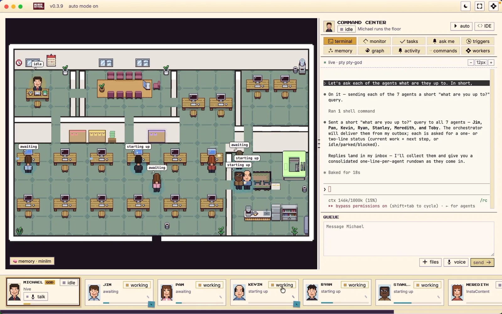 The Munder Difflin office floor with agents at pixel-art desks, a status strip of agents along the bottom and the Command Center terminal on the right