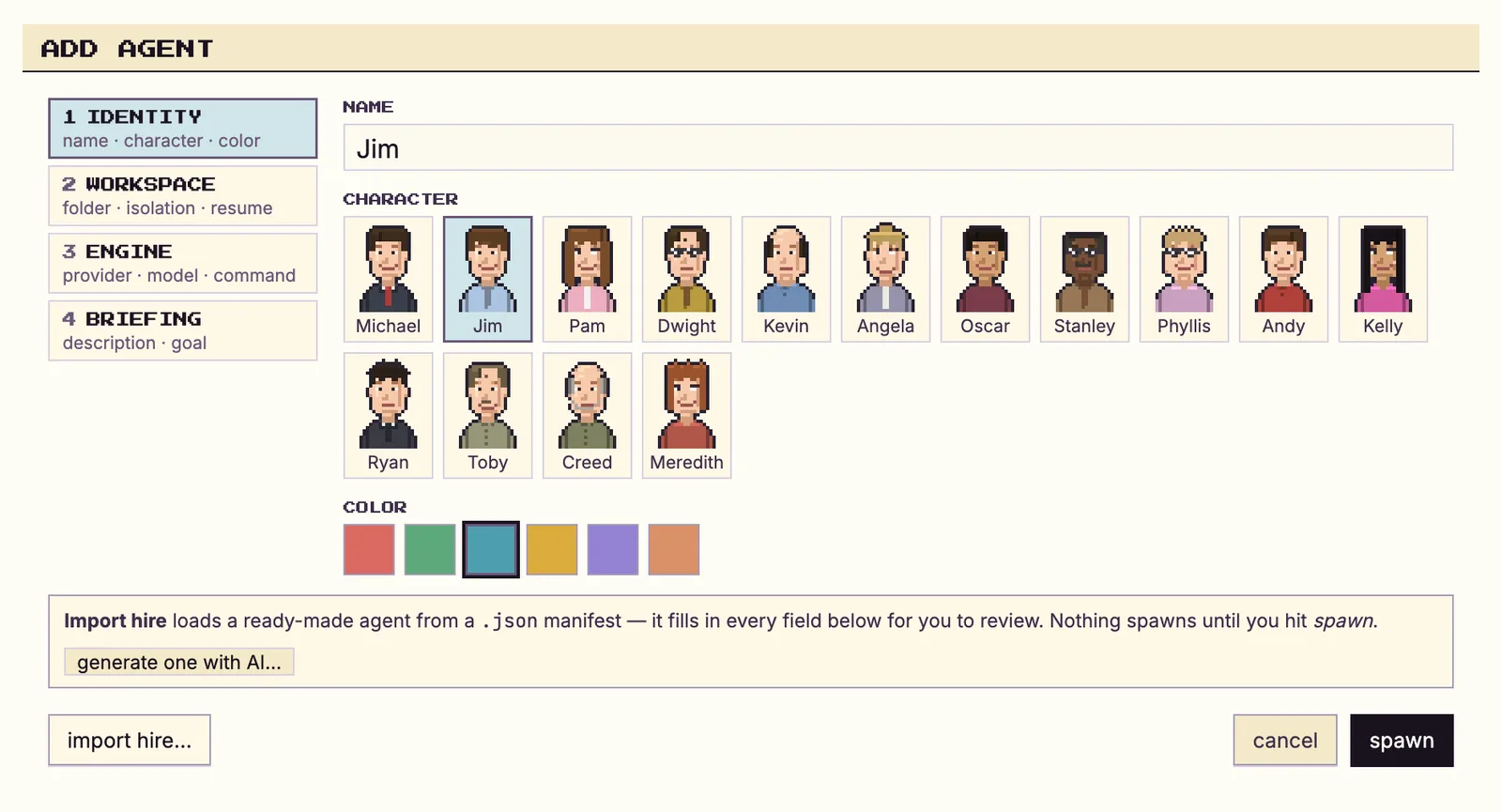 The Add agent dialog with identity, workspace, engine and briefing steps and a grid of pixel-art characters to choose from