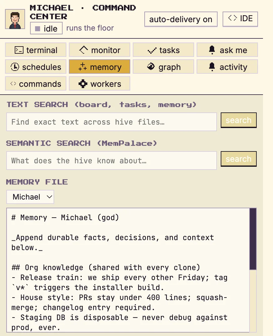 The Command Center memory tab with text search, semantic search and an agent's markdown memory file