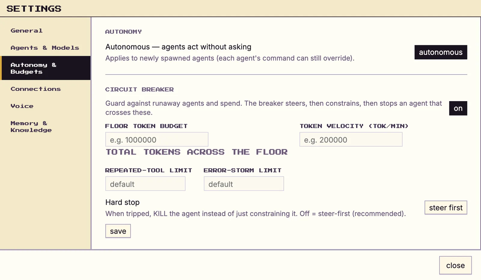 The Autonomy and Budgets settings panel with an autonomy level, a circuit breaker toggle, token budget and velocity limits and a hard-stop option