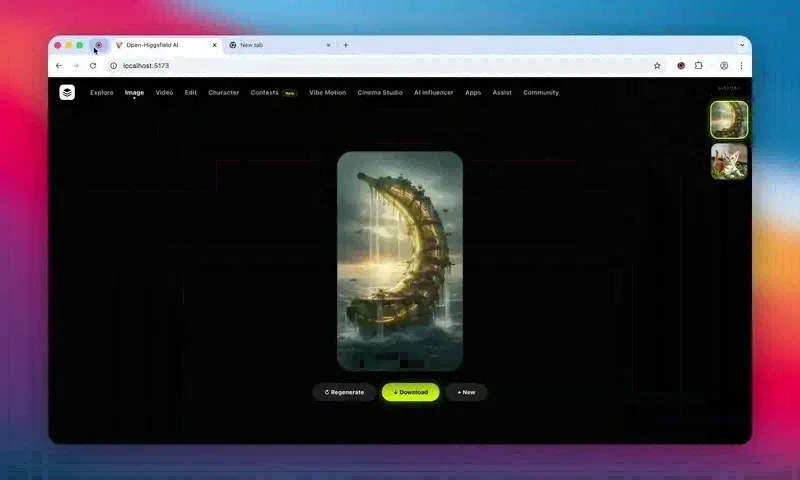 The Image studio showing a generated portrait-format picture with Regenerate, Download and New buttons and a history sidebar of past generations.