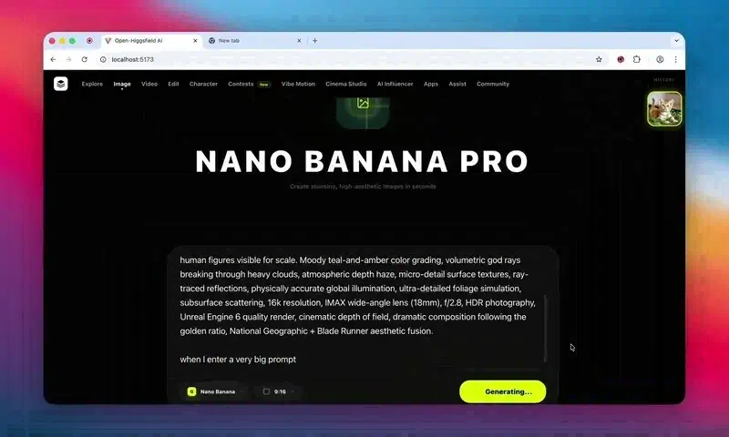 The Image studio prompt box with a long prompt entered, the Nano Banana model and 9:16 aspect ratio selected, and a Generating button.