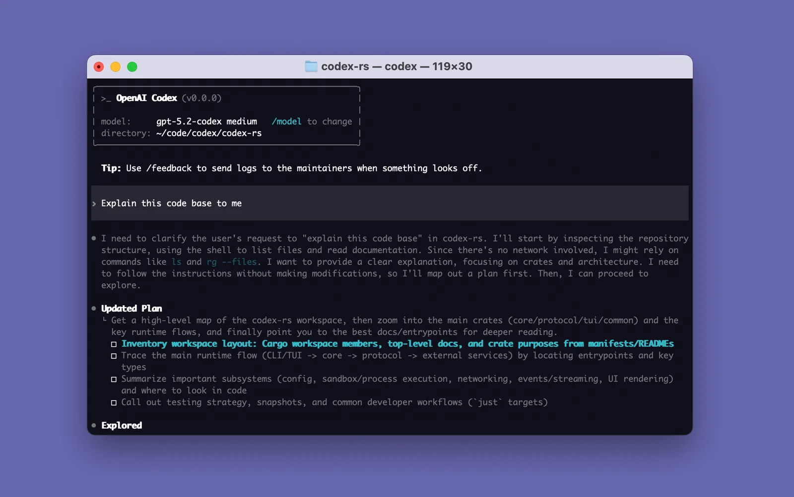 Codex CLI in a terminal: the startup banner shows the model and directory, then the agent answers "Explain this code base to me" with its reasoning and a checklist plan