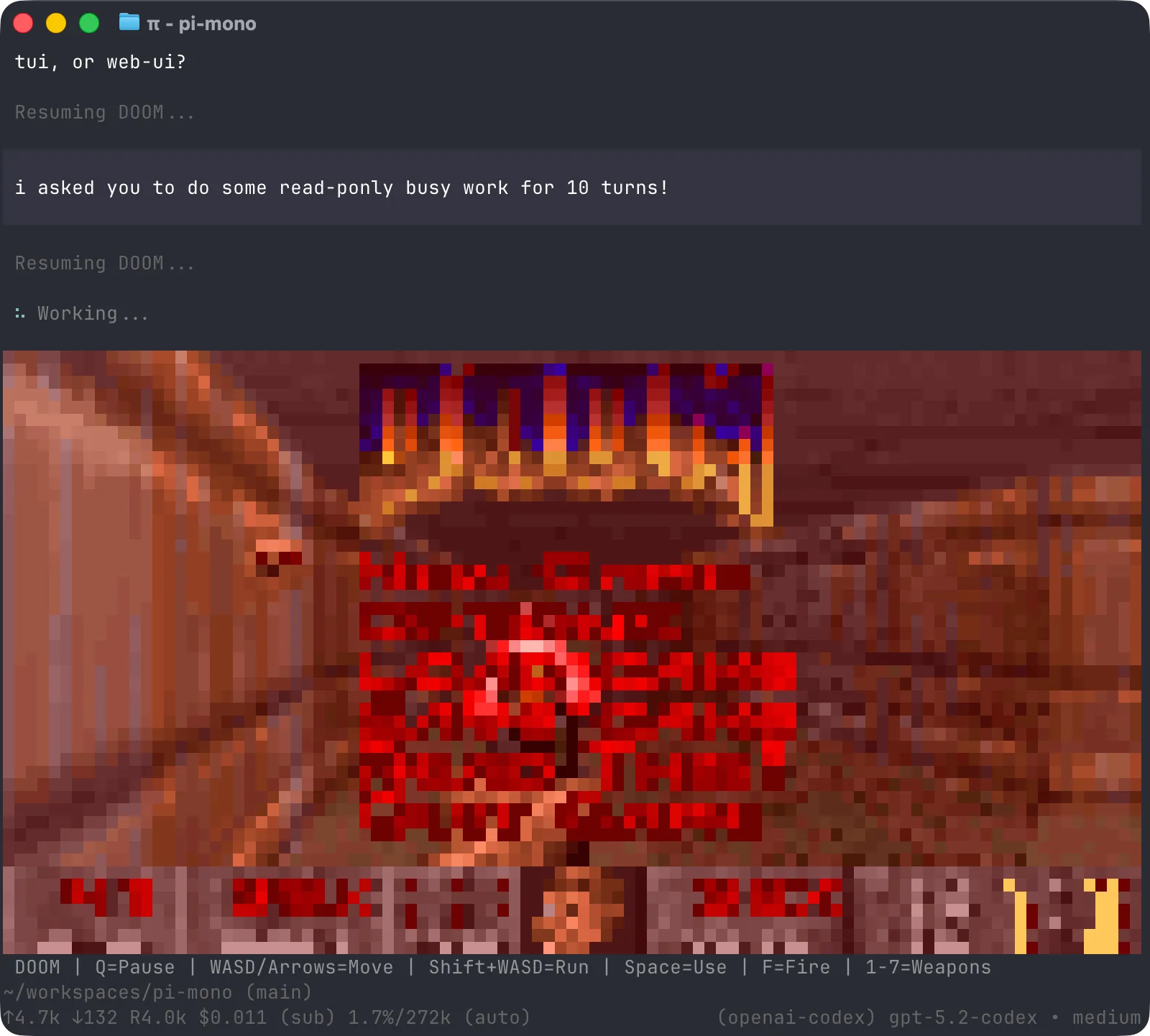 The Pi terminal coding agent running a third-party extension that plays DOOM inside its interface.