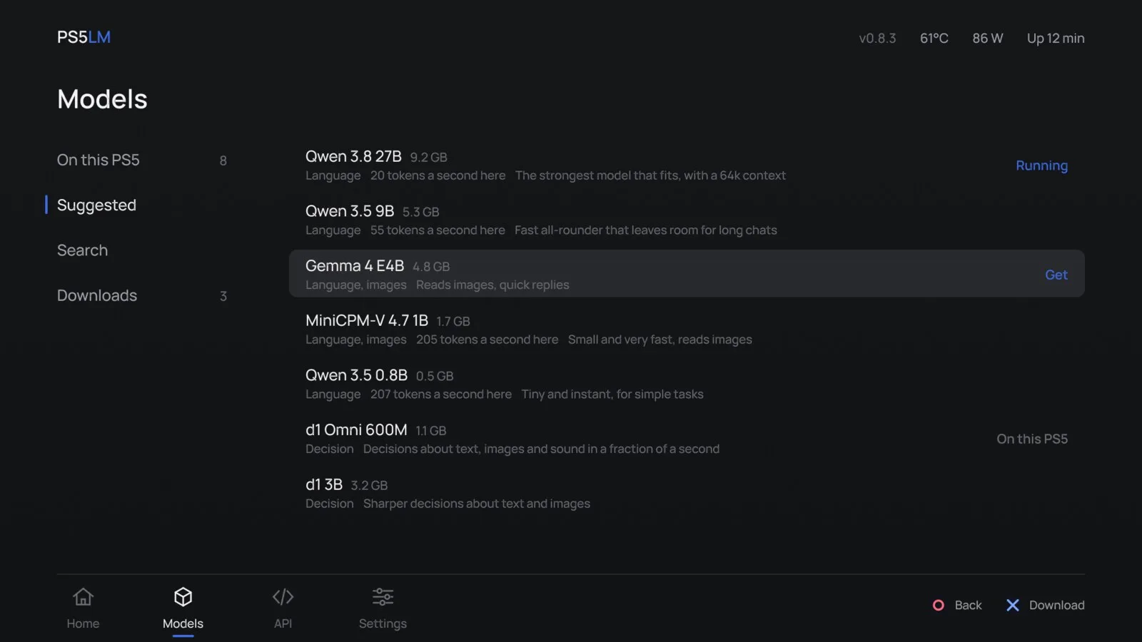 PS5LM Models screen listing suggested models such as Qwen 3.8 27B, Qwen 3.5 9B, Gemma 4 E4B and d1 Omni 600M