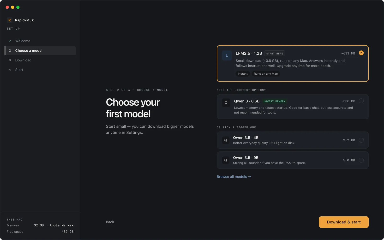 Rapid-MLX Desktop's Choose your first model screen, recommending LFM2.5 1.2B with lighter Qwen 3 0.6B and larger Qwen 3.5 4B and 9B options, each showing its download size