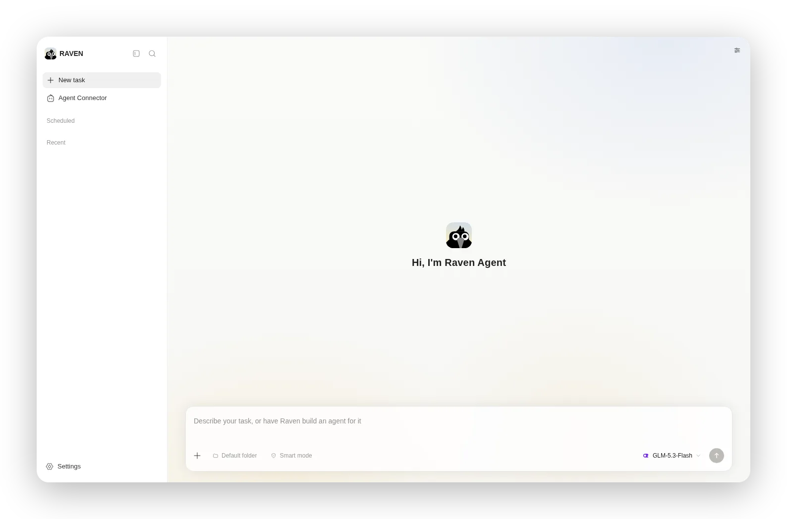 Raven WebUI new task page with a sidebar for new tasks, agent connector, scheduled and recent items, and a composer asking to describe a task or have Raven build an agent for it