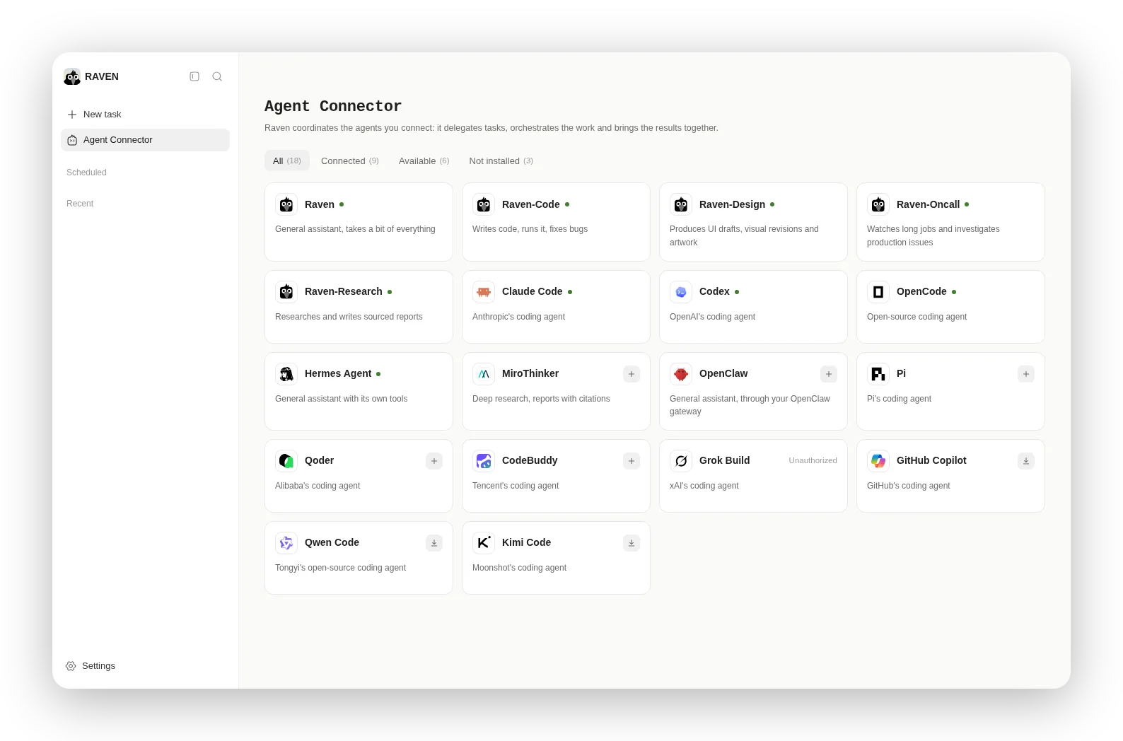 Raven WebUI Agent Connector page listing Raven, Raven-Code, Raven-Design, Raven-Oncall and Raven-Research alongside third-party agents such as Claude Code, Codex, OpenCode, Hermes Agent, OpenClaw, Qwen Code and Kimi Code