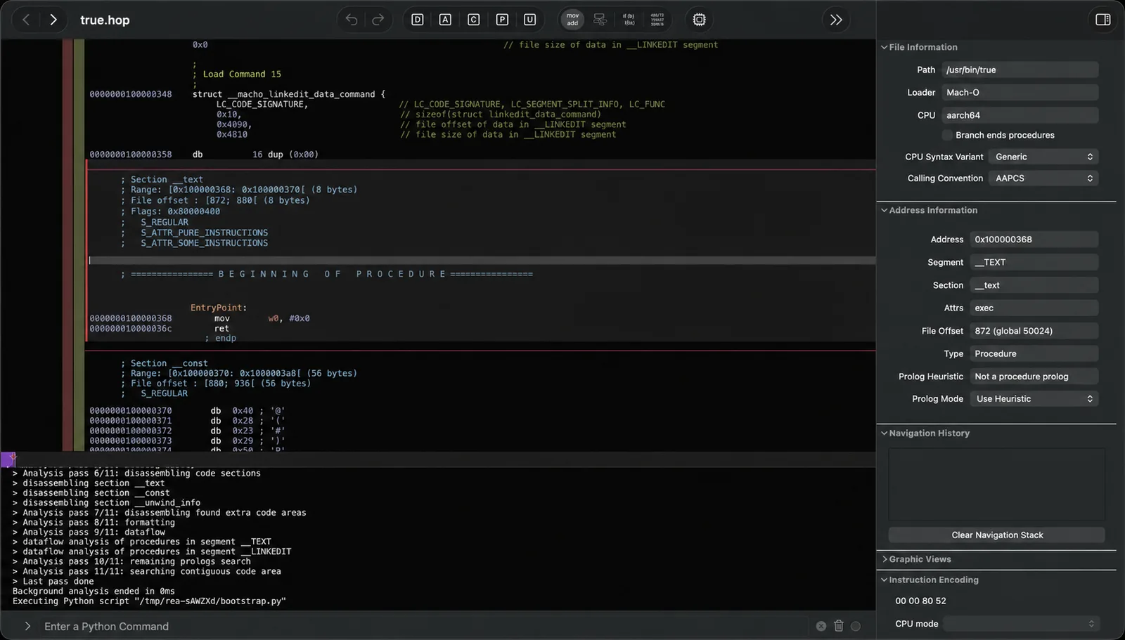 Hopper Disassembler showing the disassembly of /usr/bin/true while REA runs its bootstrap analysis script in the console