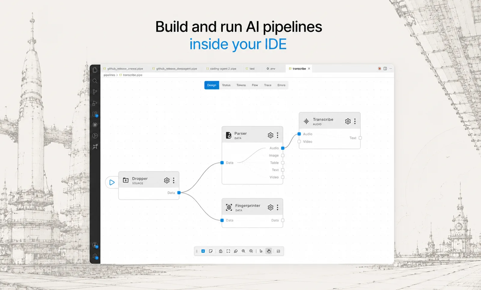 RocketRide's visual canvas in the IDE, wiring a Dropper source into Parser, Transcribe and Fingerprinter nodes