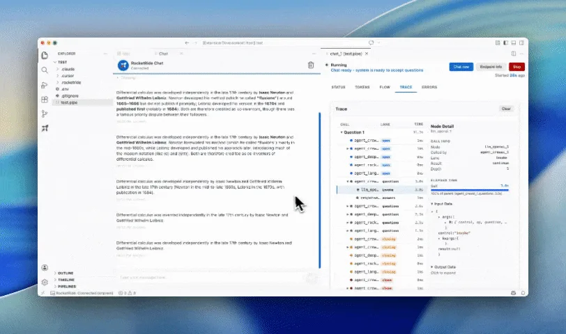 RocketRide chat pipeline running beside its Trace tab, showing a call tree of agent and LLM nodes with timings