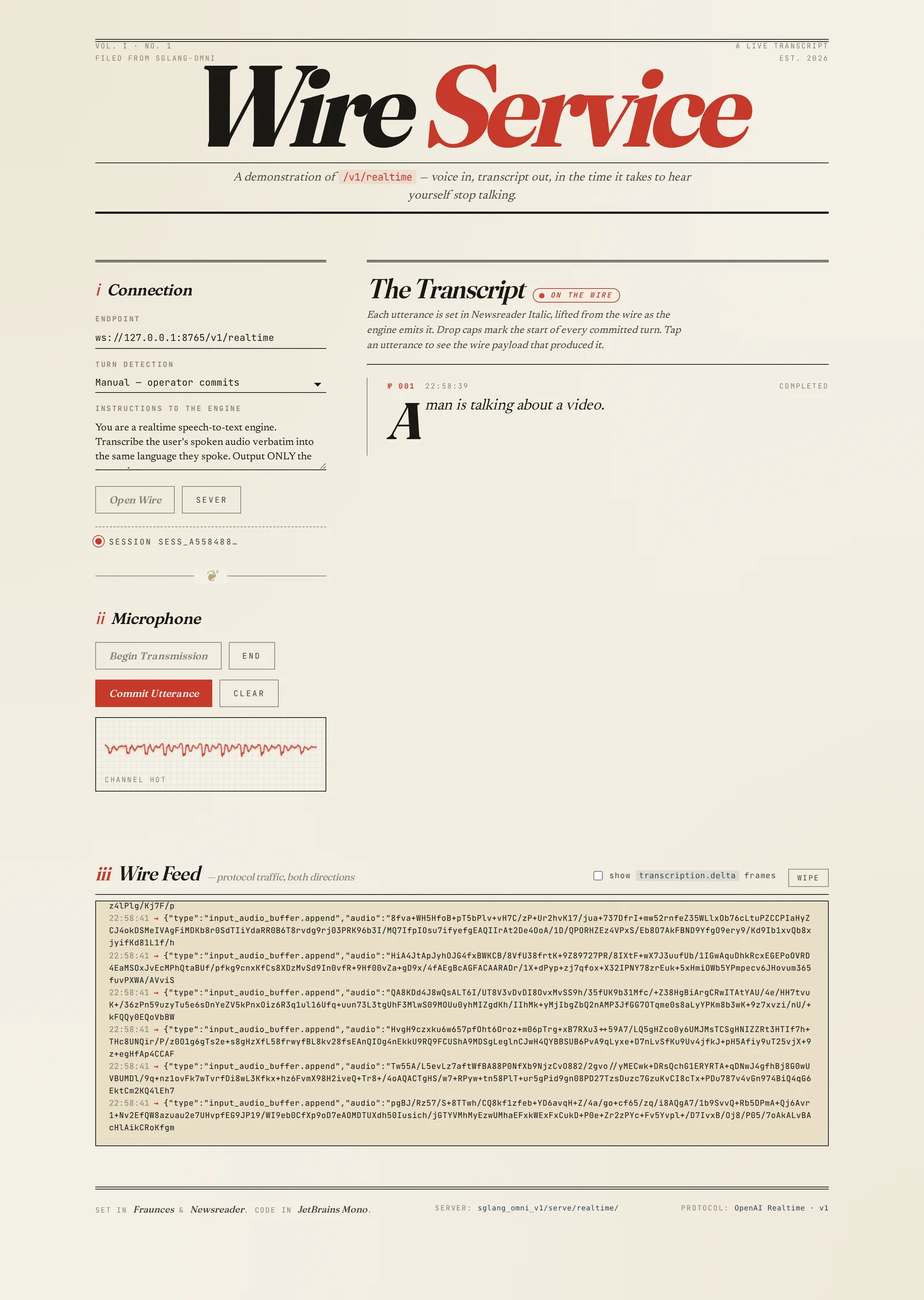 The Wire Service web demo for the /v1/realtime endpoint, showing connection settings, a microphone panel, a live transcript and the raw WebSocket message feed