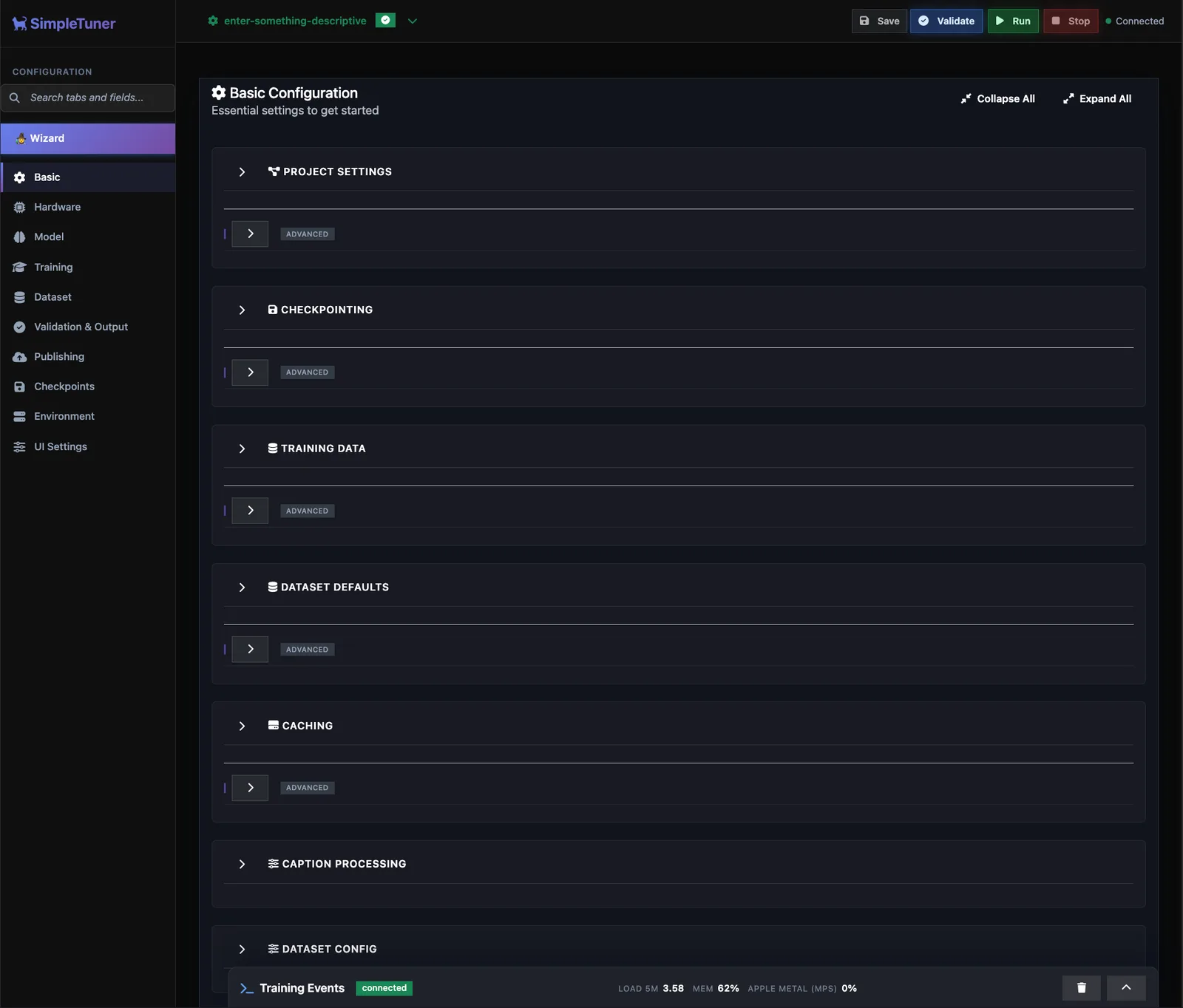 SimpleTuner's dark-themed web UI showing the Basic Configuration screen, with a left sidebar of Wizard, Basic, Hardware, Model, Training, Dataset, Validation & Output, Publishing, Checkpoints and Environment tabs, collapsible Project Settings, Checkpointing, Training Data, Dataset Defaults, Caching and Caption Processing panels, Save/Validate/Run/Stop buttons in the header and a connected Training Events bar at the bottom.