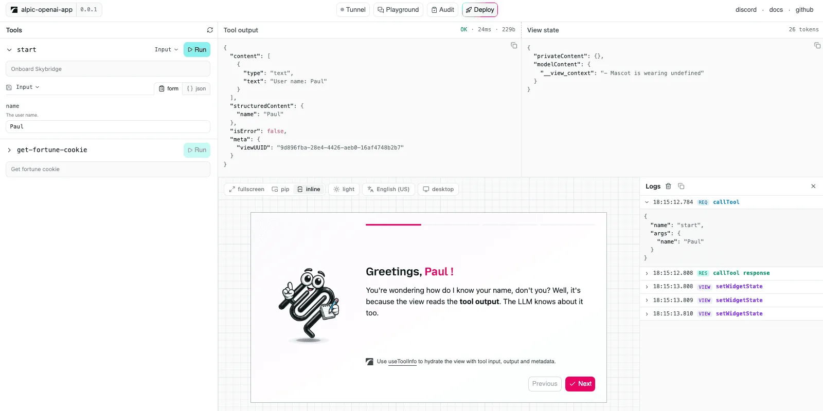 Skybridge DevTools with a tools sidebar and input form, the raw tool output JSON, the view state inspector, a rendered onboarding view with theme and device controls, and a log of callTool and setWidgetState calls