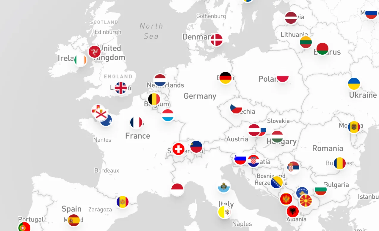 Capitals Explorer example view: an interactive map of Europe with a flag pin on each country