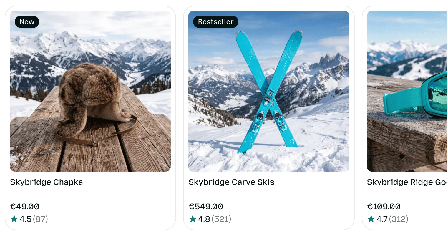 Ecommerce Carousel example view showing product cards with photos, names, prices and star ratings