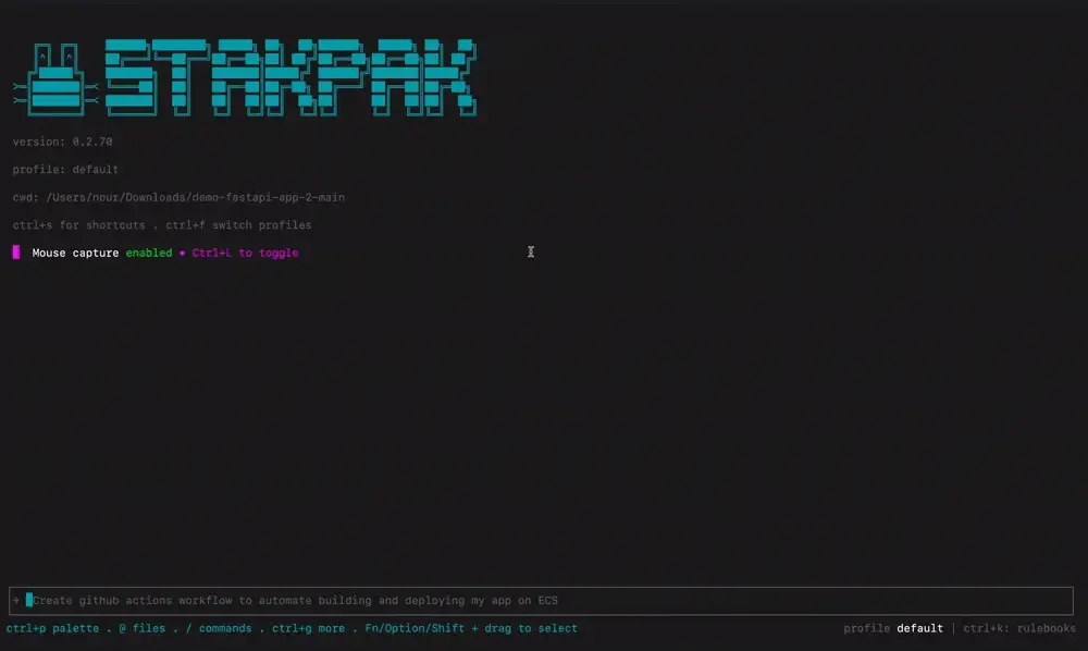 Animated capture of the Stakpak terminal UI, where a prompt asks the agent to create a GitHub Actions workflow that builds and deploys an app on ECS.