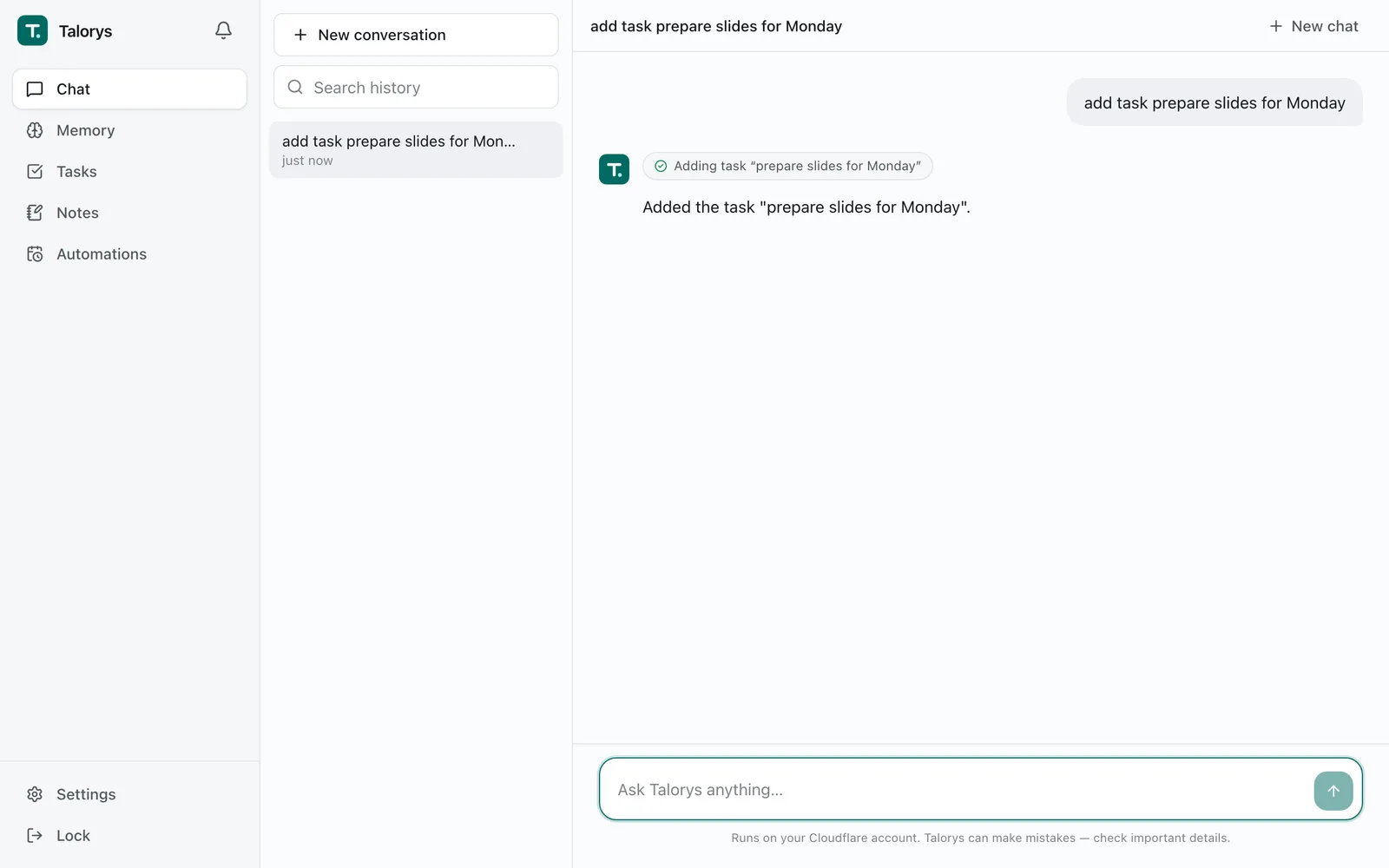 Talorys chat view: the user types 'add task prepare slides for Monday' and the assistant adds the task and confirms it