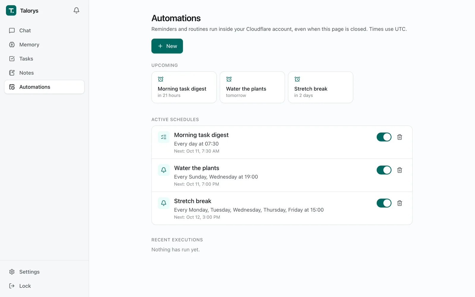 Talorys Automations page listing a daily morning task digest, a twice-weekly plant-watering reminder and a weekday stretch-break reminder