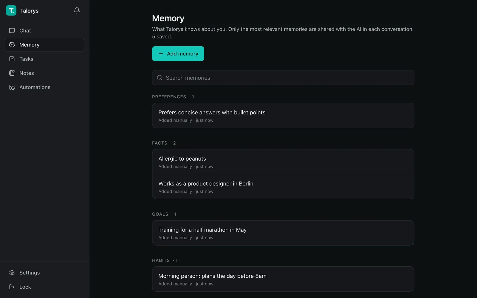Talorys Memory page in dark mode with saved preferences, facts, goals and habits, each added manually