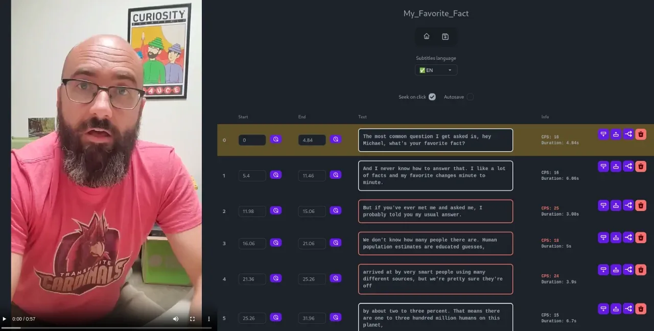 The Whishper subtitle editor: a video plays on the left while the right-hand pane lists numbered transcript segments with editable start and end timestamps, the text of each line, and a CPS reading-rate figure and duration beside it, with the segment matching the current playback position highlighted