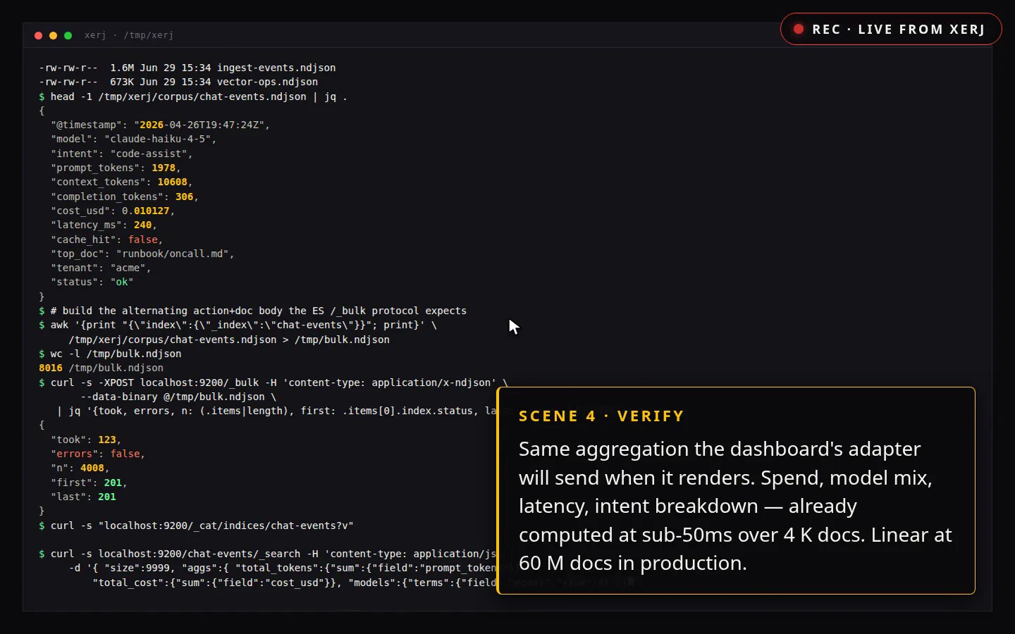 Terminal session from the XERJ demo bulk-ingesting chat events over the Elasticsearch _bulk API and querying the index